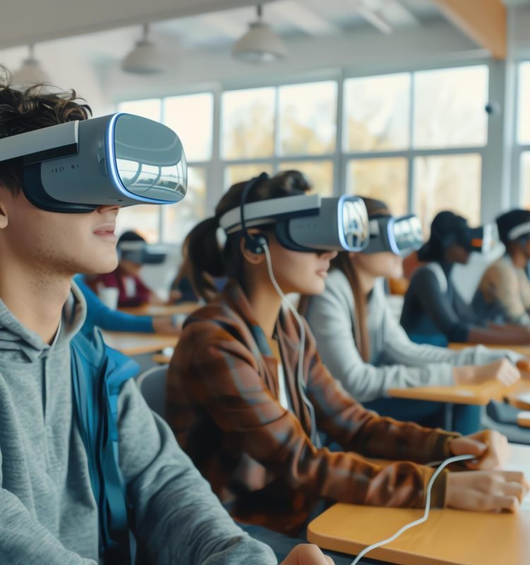 A group of diverse high school or college students wearing virtual reality headsets in the classroom.